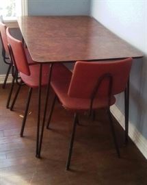 retro formica top metal table, 4 red/black chairs