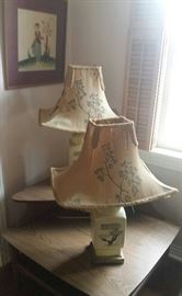 framed folk art, corner mid century table, oriental lamps with bonsai motif