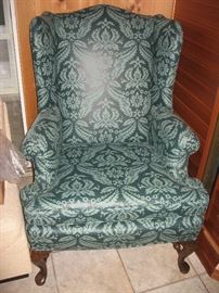 Beautiful wingback Queen Anne style green upholstered chair  
$500  (Bids accepted above half price)