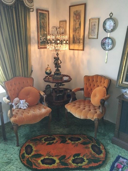 UPHOLSTERED ARMCHAIRS & TIERED ITALIAN INLAID LAMP TABLE