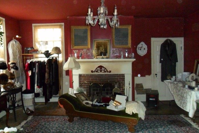 Antique Fainting Couch (Velvet) Lots of Wonderful Antique/Vintage & Victorian Clothing ,Hats & Accessories!