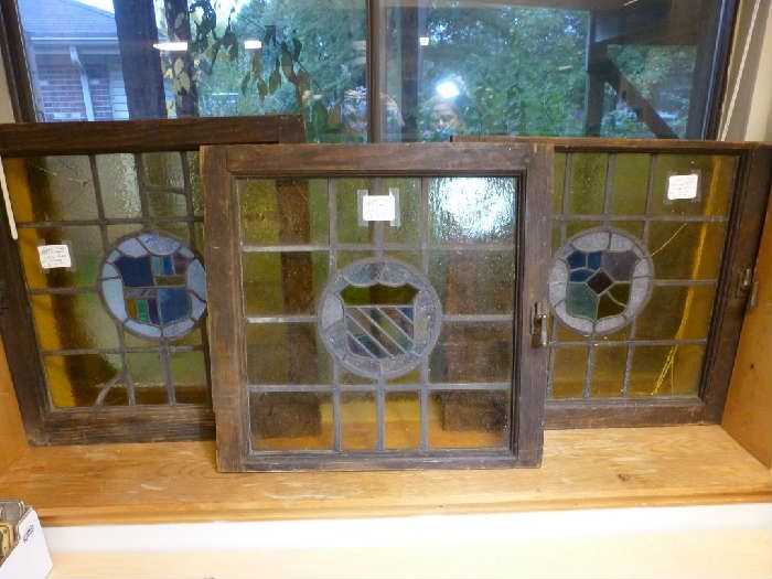 Antique Leaded & Stained Glass Windows with Crest Motif