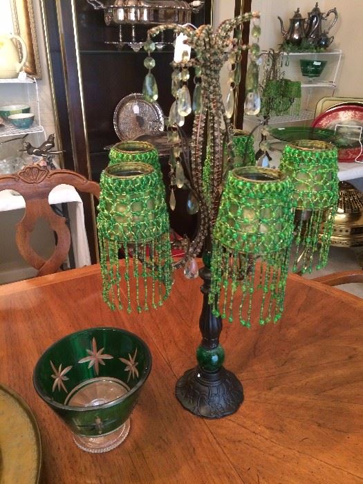 Victorian style candle holders with beaded green shades