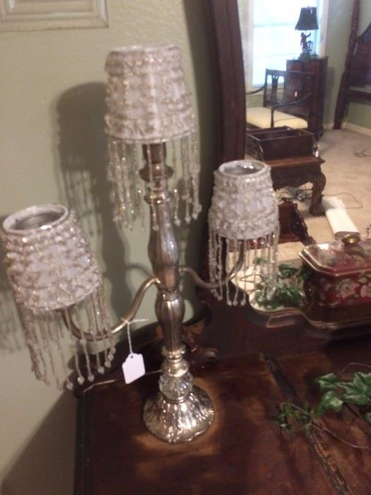 Victorian style candle holders with beaded white shades