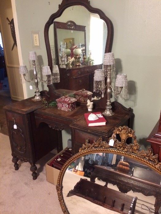 Antique vanity; matching candle holders  with white beaded shades; antique oval mirror