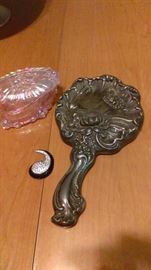 Fenton Jewelry box, vintage tear drop scarf clip, Hope Silver company art nueveau mirror.(925?)