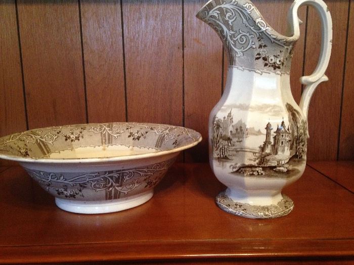 Ironstone Pitcher and Bowl, TJ & J Mayor.  Rhone Scenery Pattern:    120.00 (2 pieces)