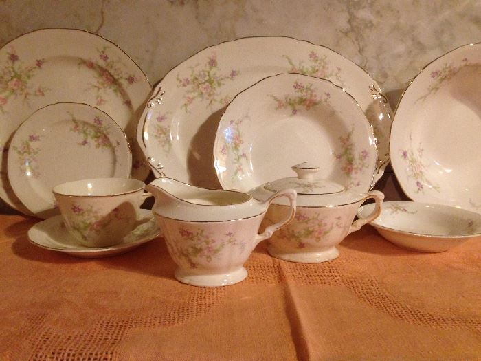 1930's Crown Pottery China Set.  36pc.  1 platter, 8 Dinner, 8 Cup & Saucers, 8 Bread, 8 Berry, 1ea.: Cream and Sugar, 1 serving Bowl:    90.00