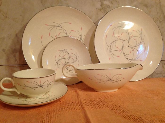 1950's Rhythm China by Homer Laughlin.  17pc. set.  7 Dinner, 1 Gravy Boat, 8 Tea cups:    75.00