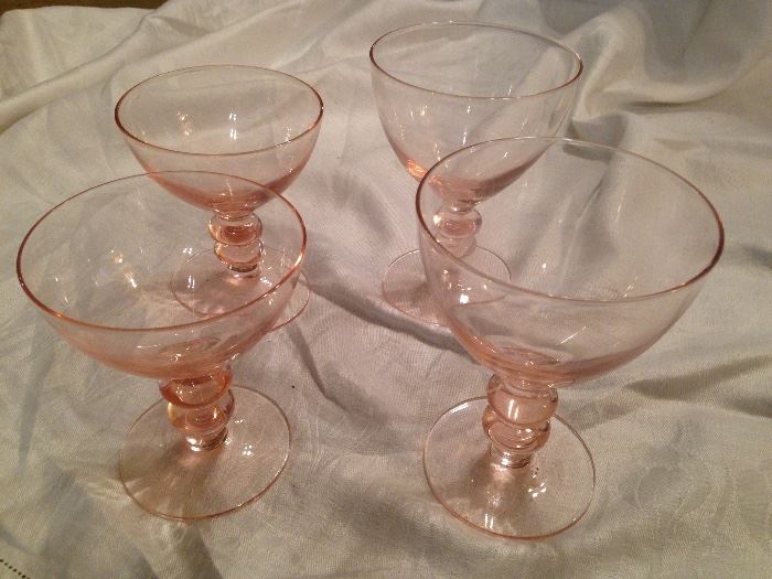 Pink Glass Sherbets:  6 available:  39.00  Pink Glass White Wine.  2 sets of 4:  30.00 per set