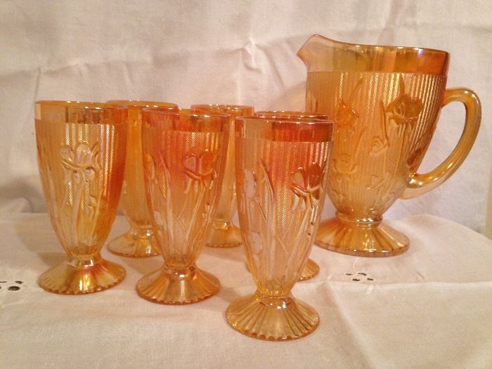 Marigold Iris Set.  1 pitcher and 6 Glasses:  90.00