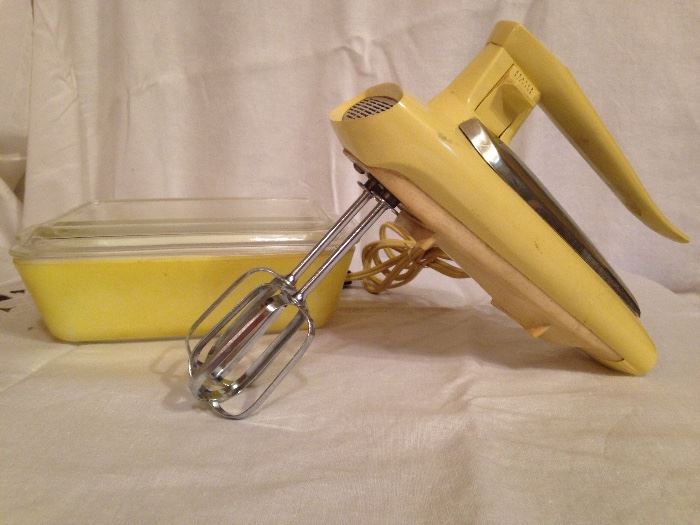 Yellow Pyrex Refrigerator dish:  12.00  Vintage Yellow GE Hand Mixer (It works!):  22.50