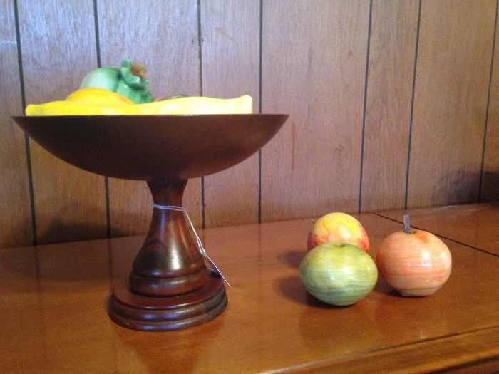 Wood Pedestal Bowl:  7.50  Alabaster Fruit:  6.00ea.