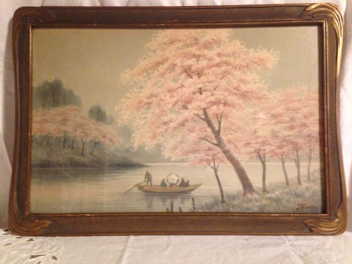 Original Japanese Watercolor and Frame.  By: JHiraoka    Cherry Blossom Landscape.  Image size:  19.5" x 13"  190.00