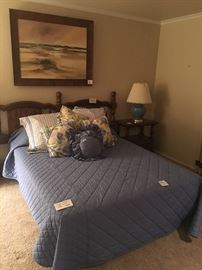 Queen mattress set, King headboard, nightstand, oil painting, bedding