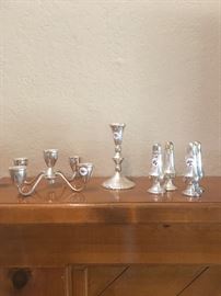 Sterling candle holders and salt and peppers