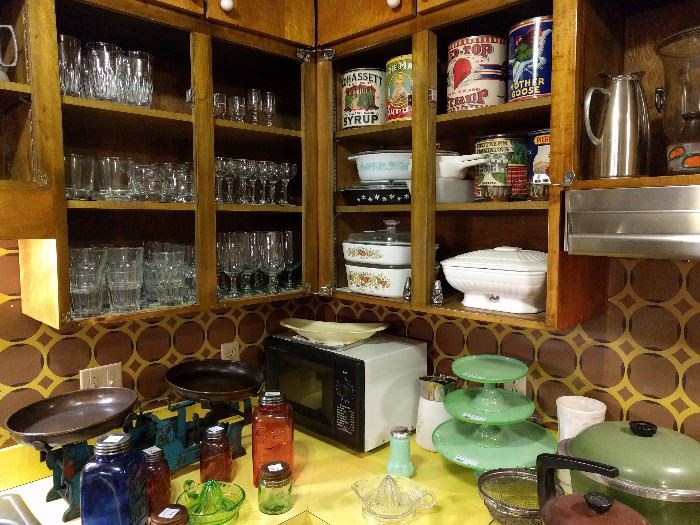 Jadeite, kitchen scales, colorful Mason jars, Corningware - oh my!