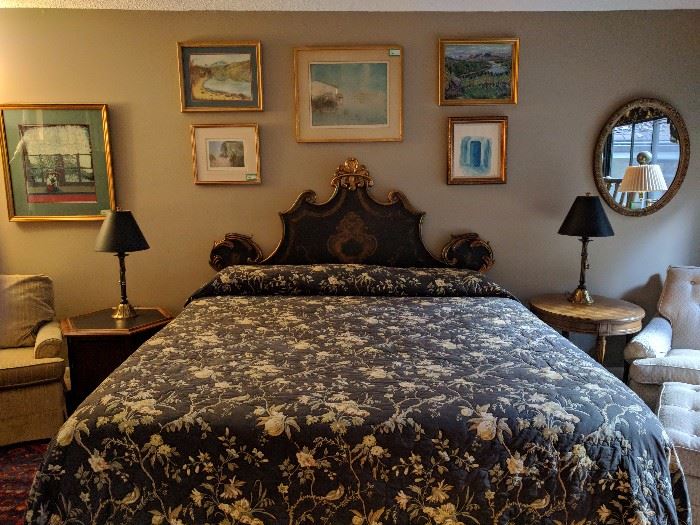 Gorgeous king size master bedroom. The headboard is very sha-sha-sha, hand painted Italian foofy thing, with gold highlights - like that tramp that lives next door.