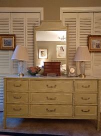 Love this mint green/white vintage Henry Link "Bali Hai" French Provincial bedroom set - so soothing.                                                           
This is the dresser and matching mirror, with pair of crystal table lamps, clock and mahogany jewelry chest.