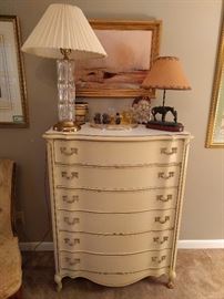 Vintage French Provincial chest of drawers, with crystal lamp, cowgirl lamp + special things.