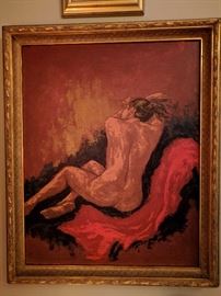 Female nude, so excited by the fabby gilt wood frame, she's levitating off of her matador boyfriend's red cape.