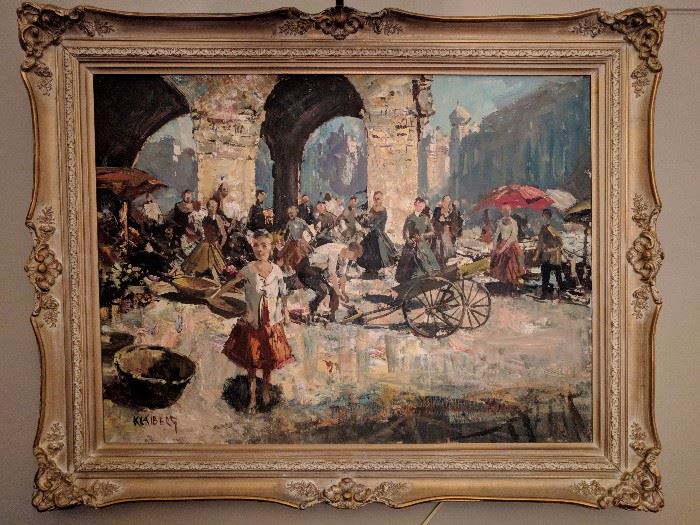 Wonderful original oil on canvas, by German artist, Fritz Klaiberg (1921-1998) "Bustling Marketplace"  w/gallery light - great vintage wooden frame!