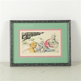 Bo Sterk Artist Proof Hand Colored Lithograph "Hurricane in Oz": An artist proof hand-colored lithograph titled Hurricane in Oz by Bo Sterk. This print depicts the Scarecrow, Tin Man, and Cowardly Lion watching a hurricane approach with black billowing clouds and trees ripped from the ground. The piece is signed by the artist to the lower center margin and is titled and labeled as an artist proof to the lower left margin. It is presented behind a sea green and pink double mat behind glass in a wooden frame with a wire to the verso for hanging.

