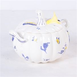 Spode "Imperial Garden" Soup Tureen: A Spode Imperial Garden soup tureen. This earthenware soup tureen is in the shape of a pumpkin in white with yellow and blue floral and butterflies to the side. The lid features a yellow Iris flower with a blue ladybug on its petal. The base is marked to the underside “Spode Imperial Garden, Made in China.”