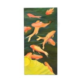 Acrylic Painting on Canvas of Gold Fish: An acrylic painting on canvas of gold fish by an unknown artist. This painting features a pond scene and depicts a school of orange fish swimming in a pond rendered in green hues. There is no visible artist’s signature. The painting is presented unframed and without hanging hardware.