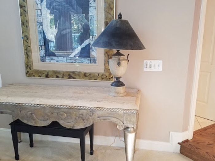 Swaim furniture console table in French silver leaf with stone top. Made in Mexico. 66"x24"x32"