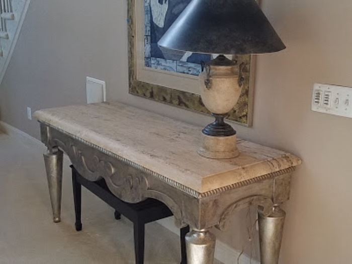 Swaim furniture console table in French silver leaf with stone top. Made in Mexico. 66"x24"x32"