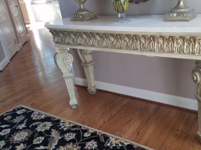 Marble top foyer table by Jeffco in the Amalfi finish. 66"x22"x39"