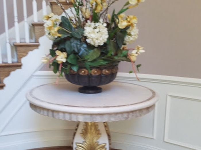 42" round faux marble foyer table and huge Magnolia planter