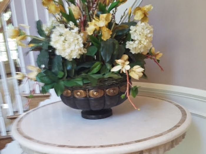 42" round faux marble foyer table and huge Magnolia planter