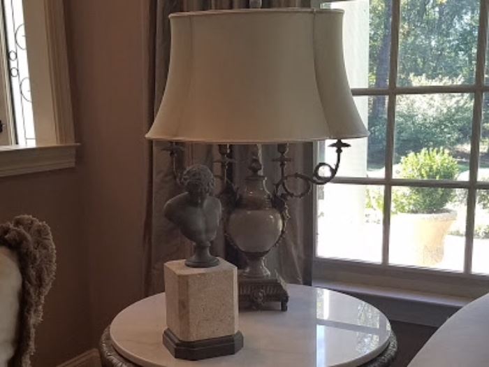 Bust on marble base, lamp and side marble top accent table