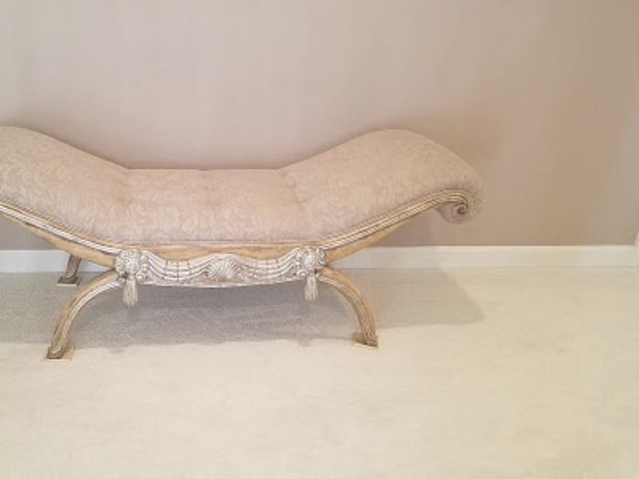 Fabric chaise in silver finish, 66"x22"x23"