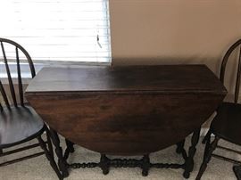 ANTIQUE DROP DOWN TABLE WITH 4 ANTIQUE CHAIRS