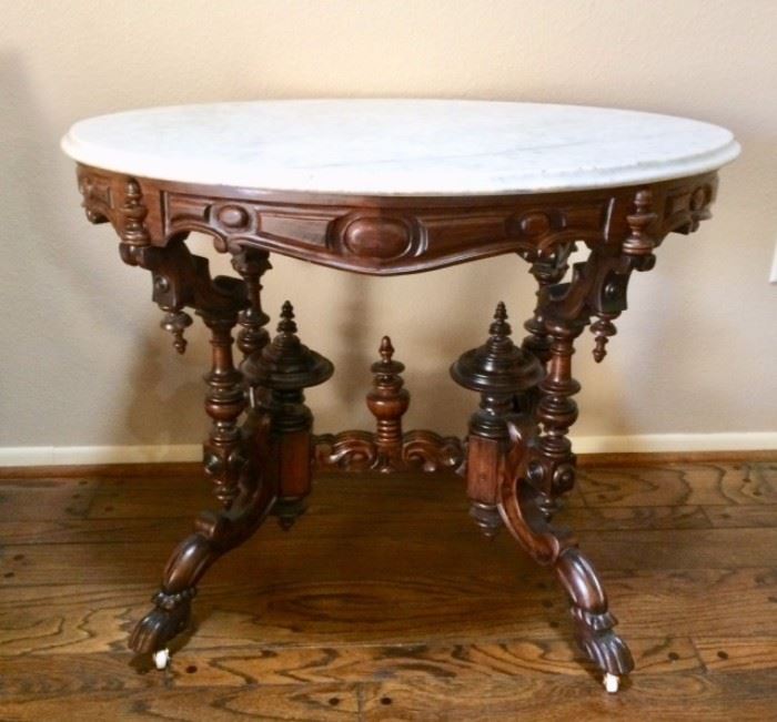 Antique Victorian Walnut Lamp Table w/ Marble Top