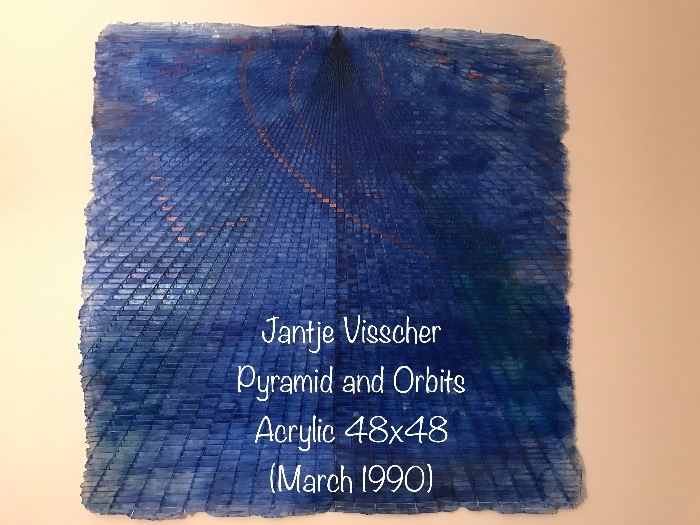 Original work of art by Jantje Visscher entitled; "Pyramid and Orbits" Acrylic 48x48. March 1990