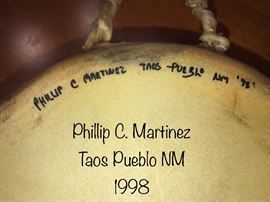 Hand-crafted  and signed drum by Phillip C. Martinez. Taos Pueblo; New Mexico (1998)