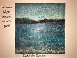 Original artwork by Jodi Reeb-Myers. Encaustic on Wood Panel. "Sustainable Currents"