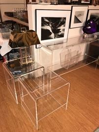 Pair of Lucite side tables, Lucite Lamp, Lucite Console table and magazine rack 