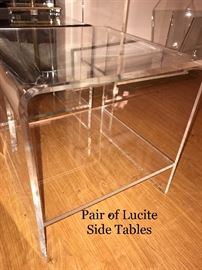 Pair of Lucite Side Tables with bottom shelf