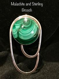 Malachite and Sterling Brooch