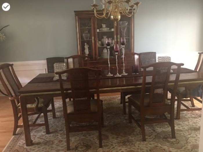 This Beautiful Formal Dining Room set  from BASSETT with two inserts has seating for 6 but could easily seat 8 comfortably.