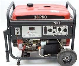3 PRO 7000 Watt Gasoline Generator: A 3 PRO 7000 watt gasoline generator, model HY7003. A 4 stroke, air cooled, single cylinder, OHV horizontal shaft, gas engine, EPA/CARB compliant, recoil and electric start, circuit breaker, power indicator, voltage selector, two pairs of 120V duplex voltage outlets, one 120/240V Twistlock outlet, low oil shut off, large fuel tank and full perimeter safety frame.
Rated Power (6.5 KW), Max.Power (7.0 KW), Fuel Capacity (6.6 Gal.), Engine Horse Power (14 HP), G.W.(199 LBS)