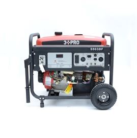 3 PRO Duel Fuel Generator: A 3 PRO duel fuel generator, model 5503DF. Generator features 4 stroke, air OHV horizontal shaft gas engine, EPA/CARB compliant, recoil and electric start, circuit breaker, power indicator, voltage selector, two pairs of 120V duplex voltage outlets, one 120/240V Twistlock outlet, low oil shut off, large fuel tank and full perimeter safety frame.