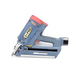 3 PRO 34 Degree Gas Powered Framing Nailer: A 3 PRO 34 degree gas powered framing nailer, model GFN3490. This framing nailer operates on fuel cell and cordless battery, portable and convenient for operation and features a powerful drive of 2"-3-1/2"nails for every framing job, light-weight and well balanced, adjustable depth control, anti-dry fire mechanism, improved air filter effectively prevents dust, collapsible reversible rafter hook, low battery and high-temperature indicator light, full sequential actuation, patented structure for easy cleaning, repair and maintenance and patented vented check valve. capacity for 68 nails, fuel cell life of 1200 nails, battery life is 5000 nails per charge, firing 2-3 nails per second. Case and goggles included.