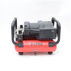 3 PRO 3.4 Gallon High-Pressure Compressor: A 3 PRO 3.4 gallon oil-free high-pressure compressor, model ACW2512BD4P. A 2.5 HP direct driven, air flow at 3.6scfm@90psi and 2.7scfm@300psi, cut-out pressure is 400psi, cut-in pressure is 330psi, 4 air-outlets (2 for high-pressure and 2 for regular pressure), easy drain valve (just turn the lever and the ball valve opens and drains the air and water easily, four-pole induction motor for low noise, 400psi high-pressure tanks compared to conventional 125psi pressure, lifespan of compressor is 1000 continuous running hours at 75% duty cycle.