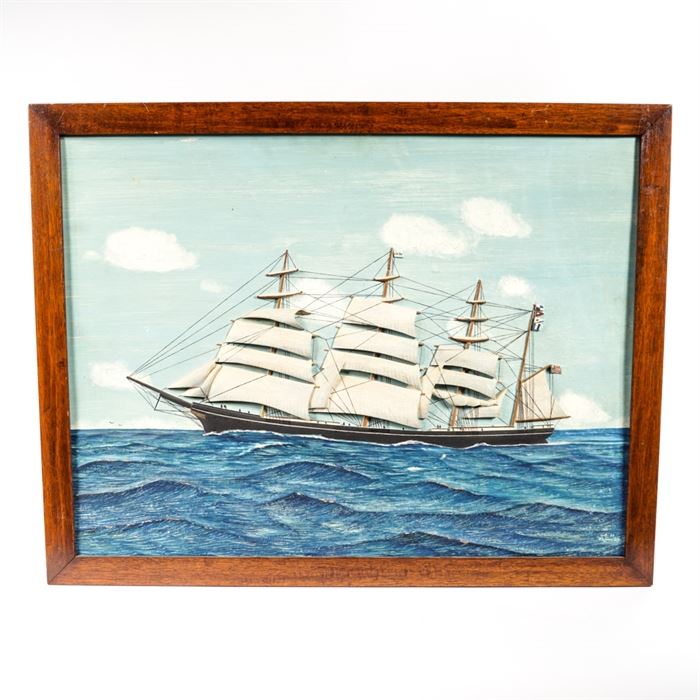 Lloyd H. Thomas Carved and Painted Panel of Ship "Frederick Billings": A hand-carved and hand-painted ship panel. The framed panel depicts a masted ship, titled Frederick Billings. It has been carved from wood, and hand-painted in plaster and oils by artist Lloyd Hansen Thomas (American, 1910-1990). The panel is signed to the lower right, and is presented in a stained oak wood frame with a hanging wire on the verso. A vintage paper label with the artist’s name and the title of the work is affixed to the back.